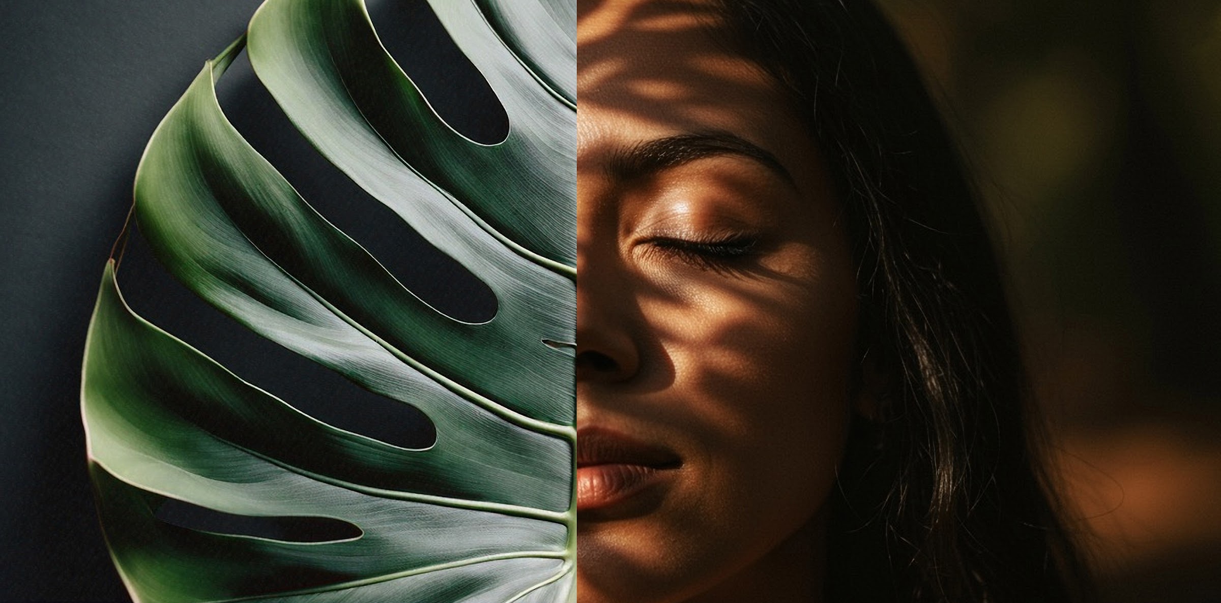 A calm face beside a monstera leaf, evoking stillness and presence