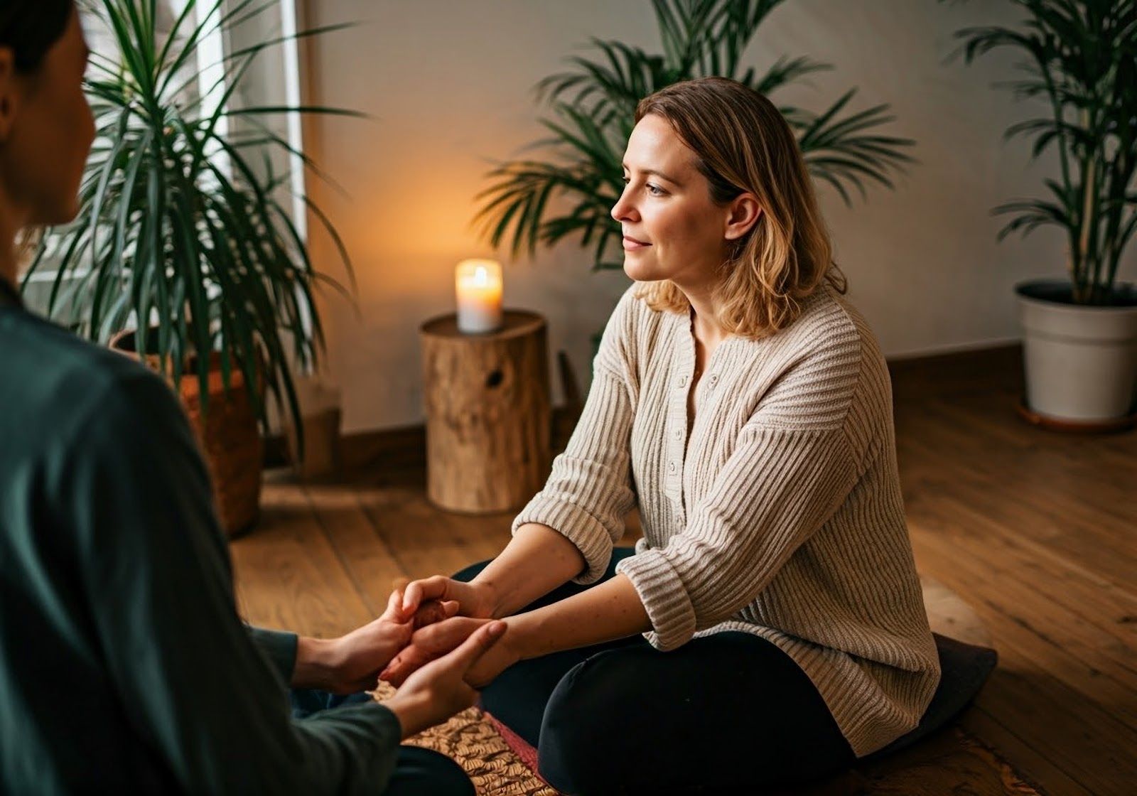 Two people in conversation among plants during a holistic coaching session