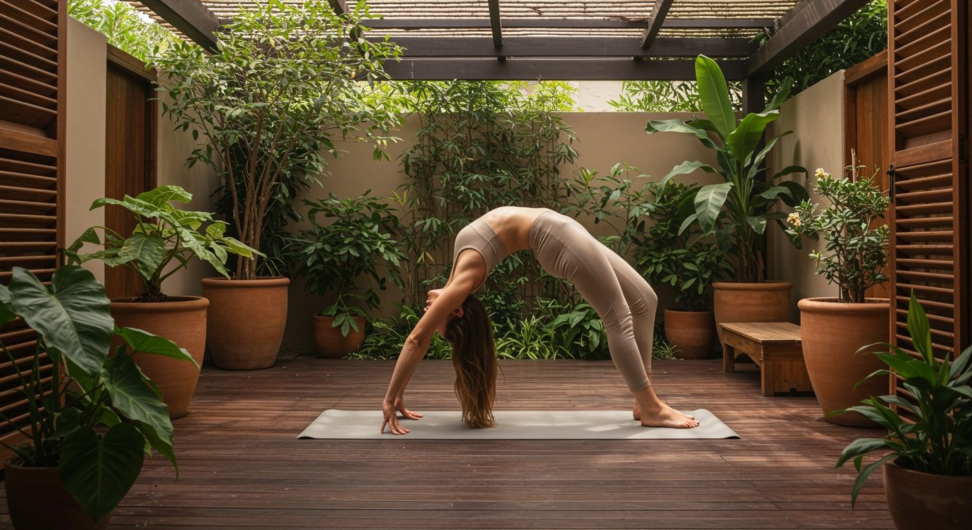 Yoga practice in a bright, plant-filled space