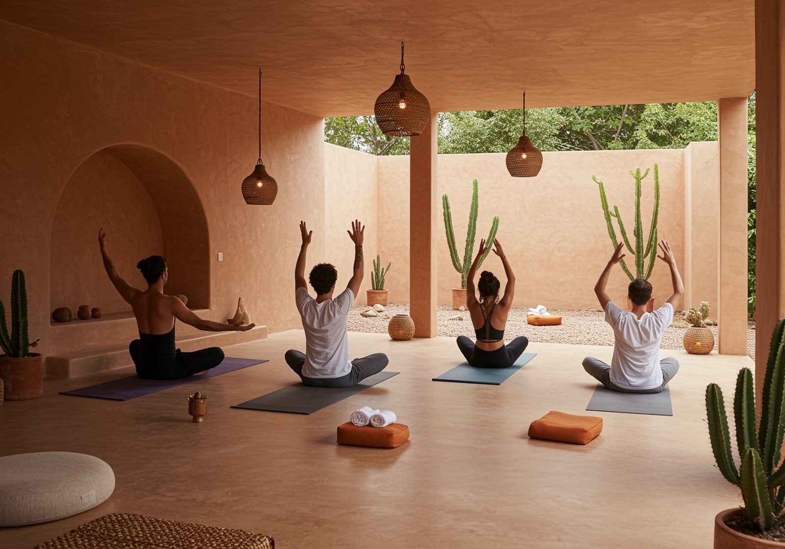 Group meditation in an open earth-toned space