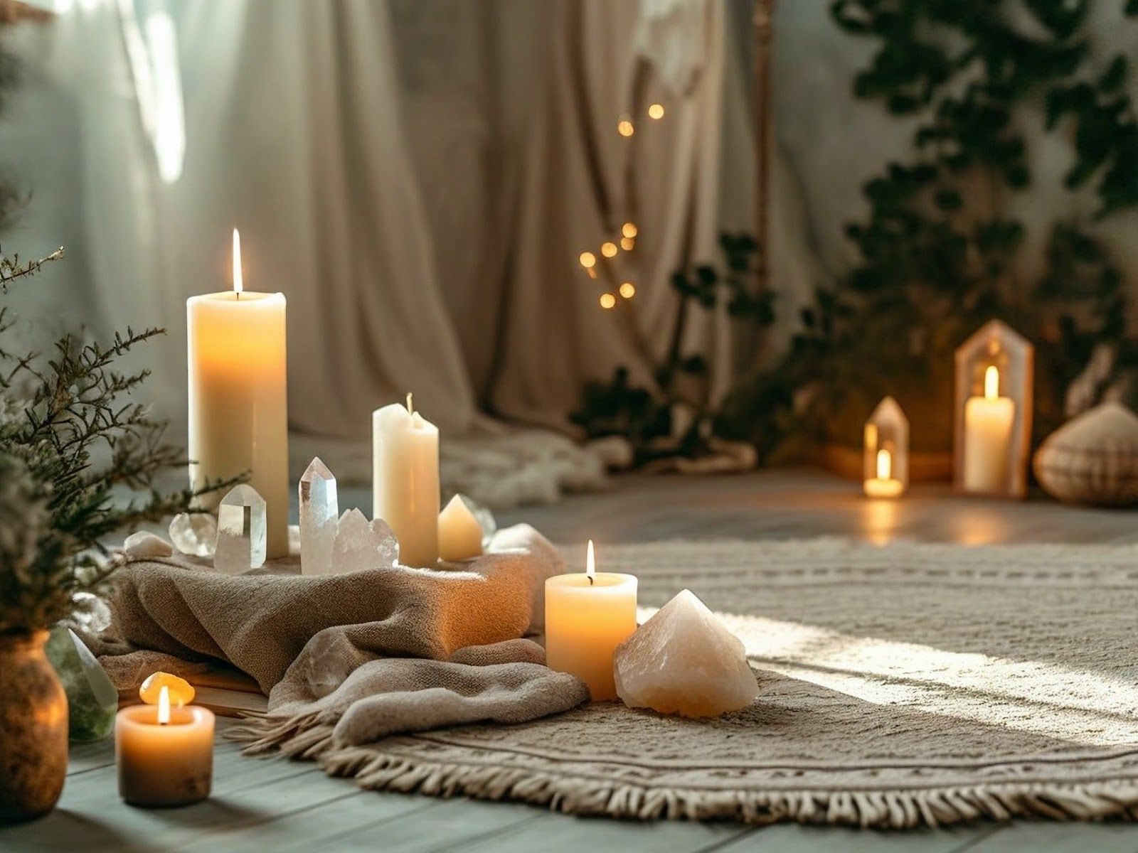 Candles, blankets and stones prepared for a private wellness experience